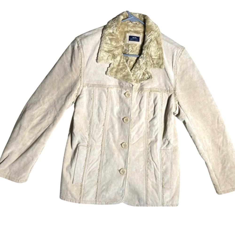 VTG Baileys Point Womens Leather Sherpa Like Trim Coat Jacket Light Tan Size Med